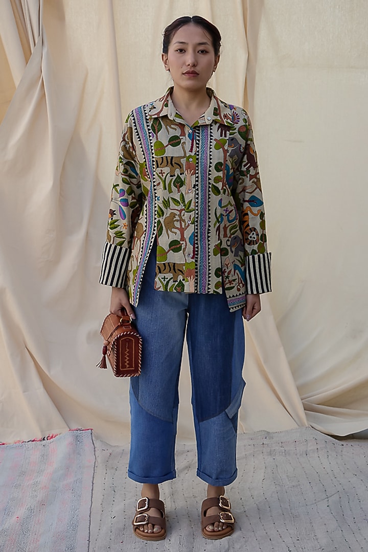 Beige & Brown Kantha Hand Embroidered Shacket by Meld Studio at Pernia's Pop Up Shop