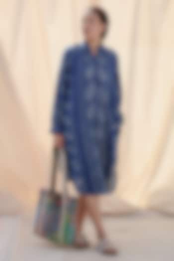 Indigo Blue Cotton Bandhani Printed Vacation Shirt Dress by Meld Studio at Pernia's Pop Up Shop
