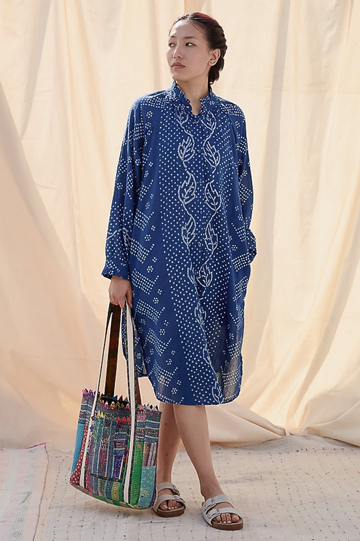 Indigo Blue Cotton Bandhani Printed Vacation Shirt Dress by Meld Studio at Pernia's Pop Up Shop