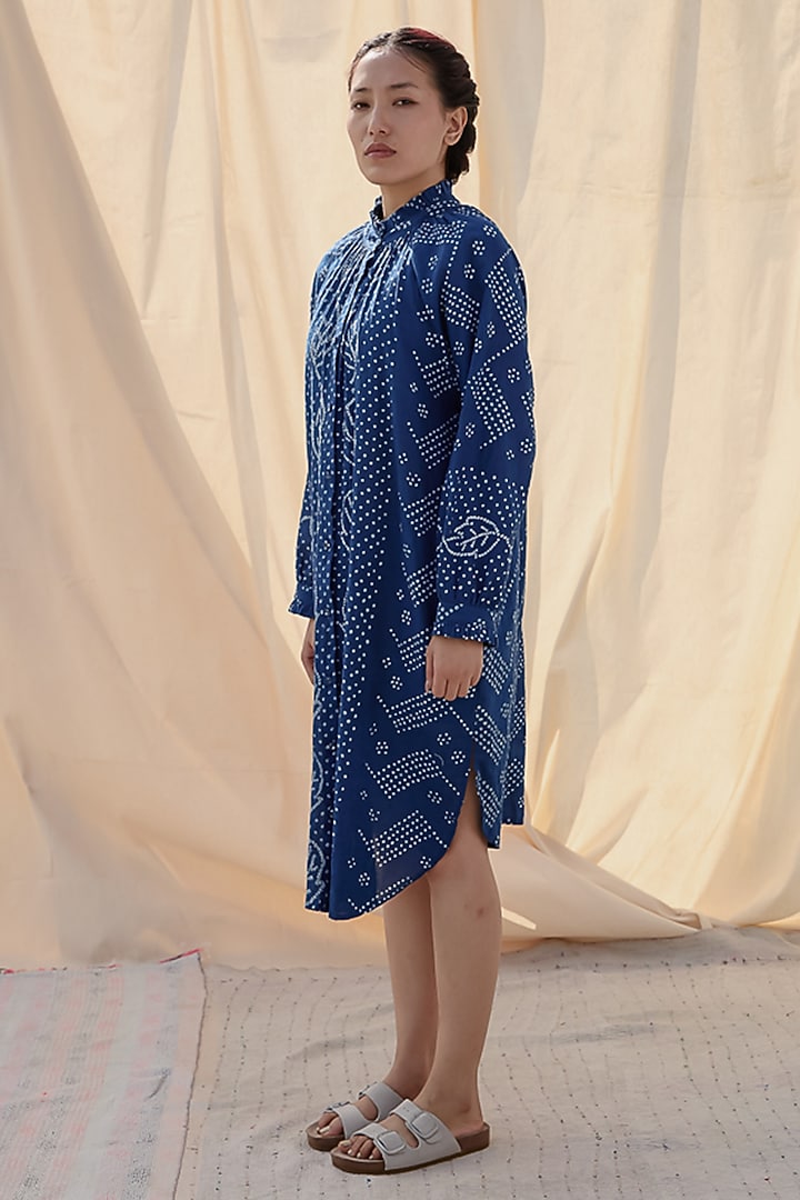 Indigo Blue Cotton Bandhani Printed Vacation Shirt Dress by Meld Studio at Pernia's Pop Up Shop