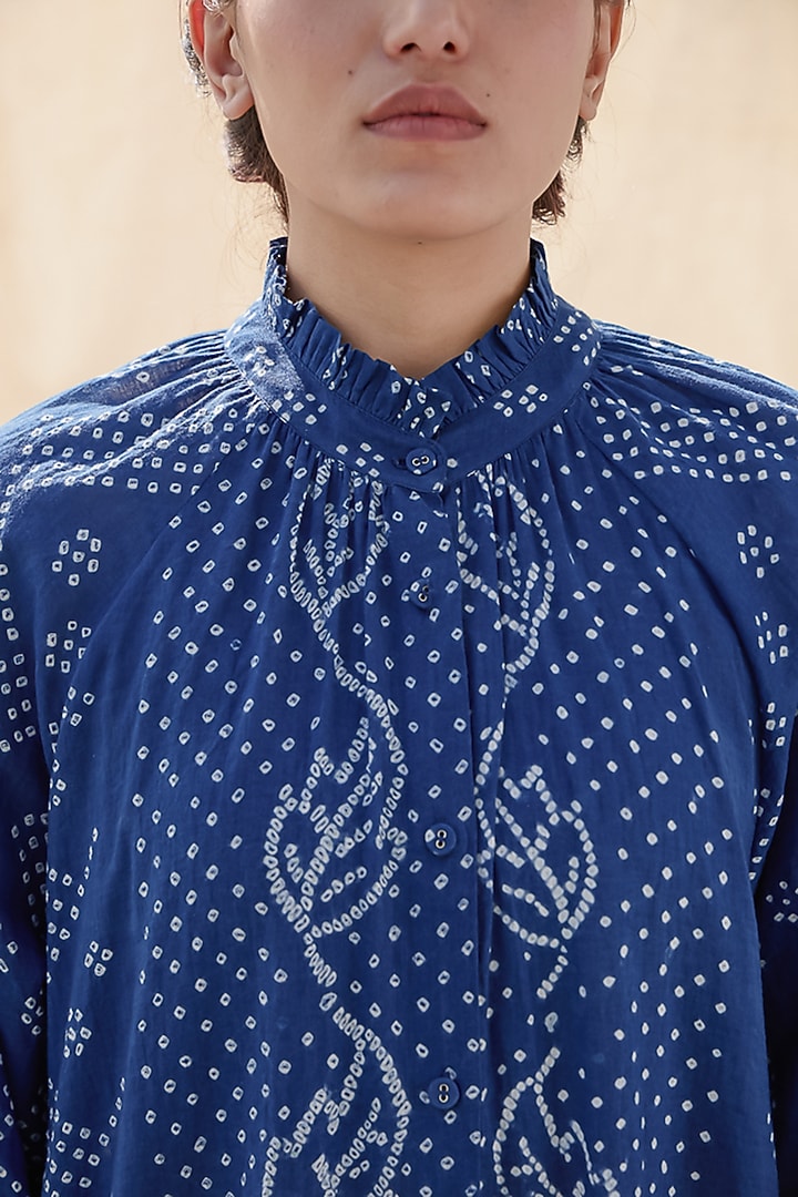 Indigo Blue Cotton Bandhani Printed Vacation Shirt Dress by Meld Studio at Pernia's Pop Up Shop