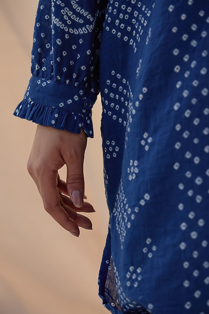 Indigo Blue Cotton Bandhani Printed Vacation Shirt Dress by Meld Studio at Pernia's Pop Up Shop