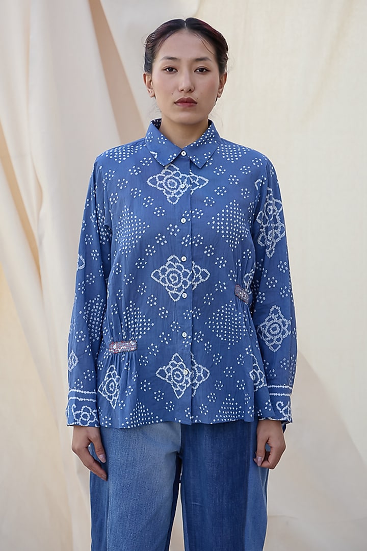 Indigo Blue Cotton Bandhani Printed Shirt by Meld Studio at Pernia's Pop Up Shop