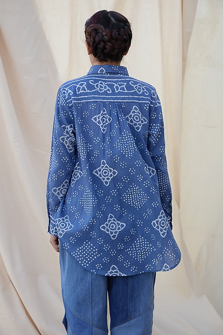 Indigo Blue Cotton Bandhani Printed Shirt by Meld Studio at Pernia's Pop Up Shop