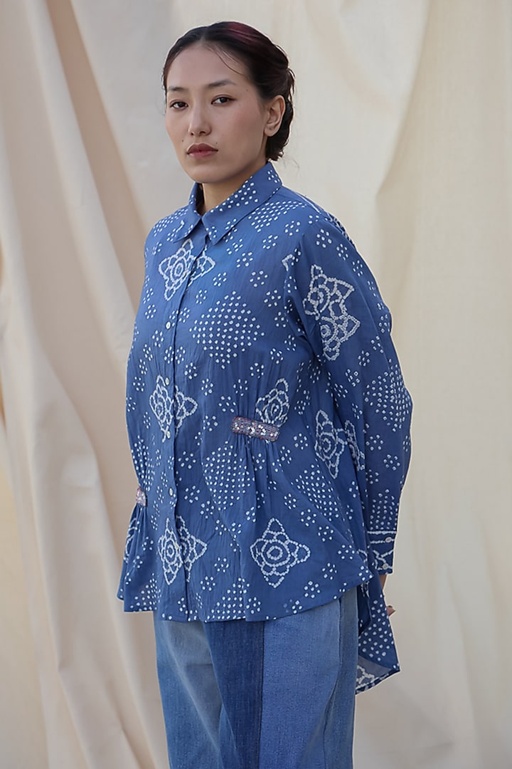 Indigo Blue Cotton Bandhani Printed Shirt by Meld Studio at Pernia's Pop Up Shop