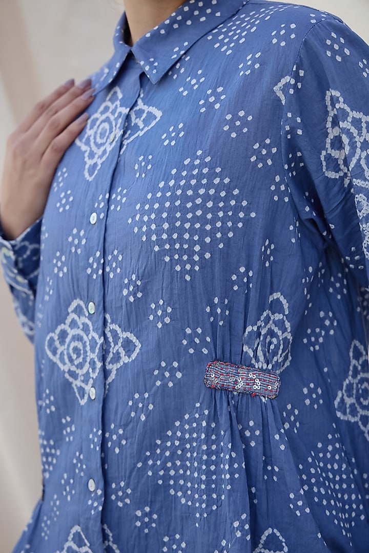 Indigo Blue Cotton Bandhani Printed Shirt by Meld Studio at Pernia's Pop Up Shop