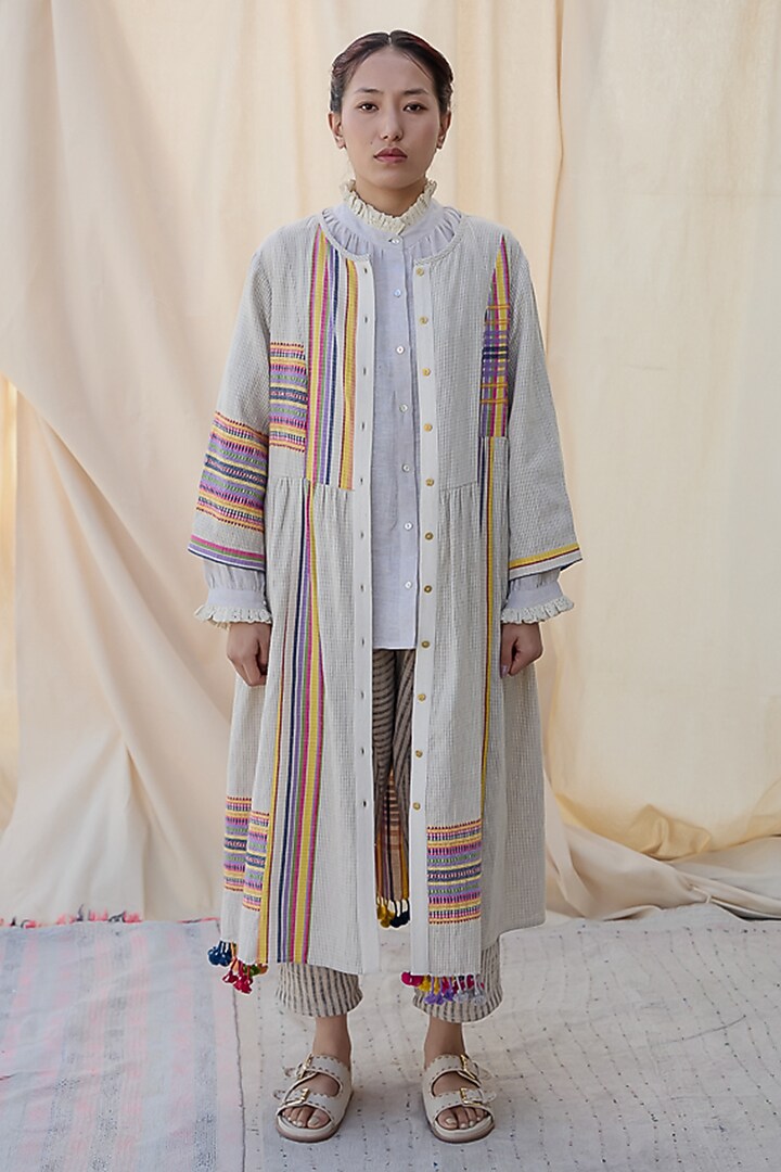 Multi-Coloured Handloom Cotton Checks & Stripes Midi Vacation Dress by Meld Studio at Pernia's Pop Up Shop
