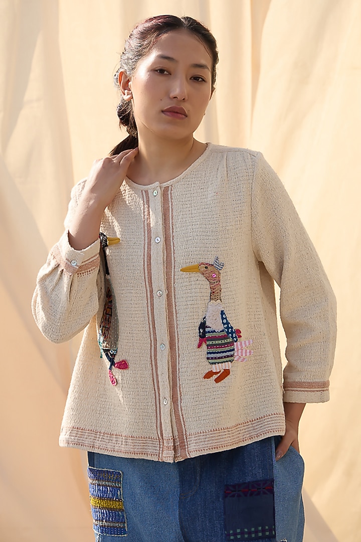 Cream Organic Handwoven Cotton Duck Patchwork Shirt by Meld Studio at Pernia's Pop Up Shop