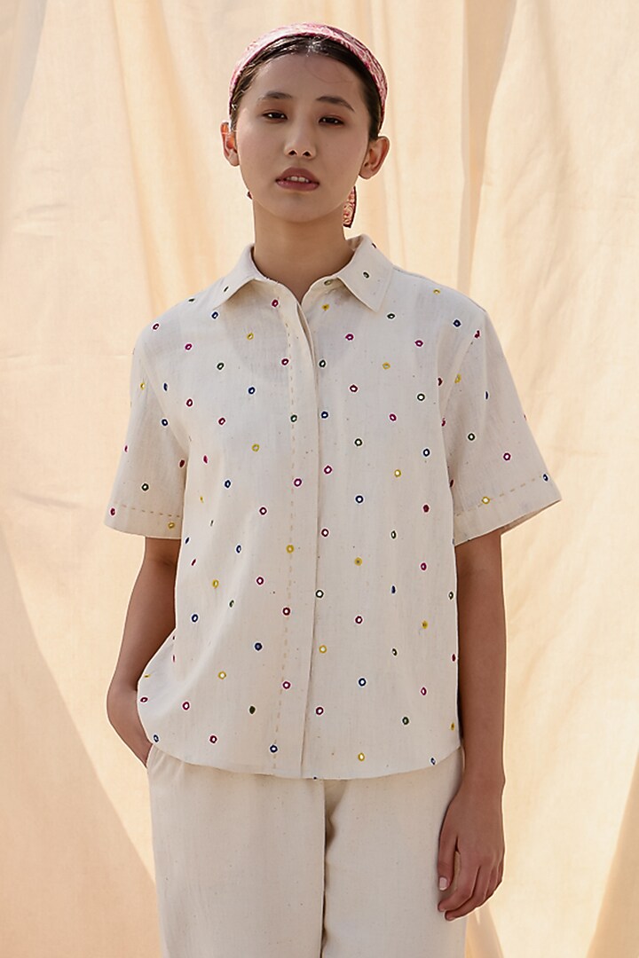 Cream Kala Cotton Mirrorwork Shirt by Meld Studio at Pernia's Pop Up Shop