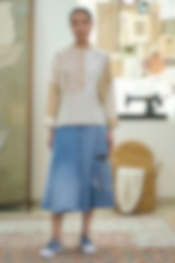 Blue Upcycled Cotton Handcrafted Dried Flower Applique Denim Skirt by Meld Studio at Pernia's Pop Up Shop