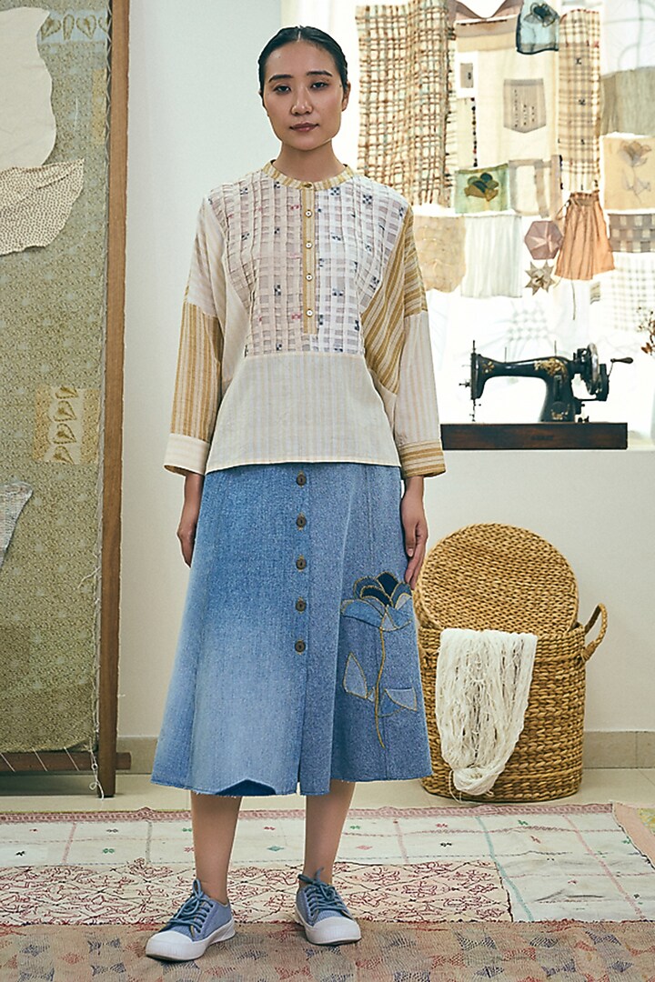 Blue Upcycled Cotton Handcrafted Dried Flower Applique Denim Skirt by Meld Studio at Pernia's Pop Up Shop