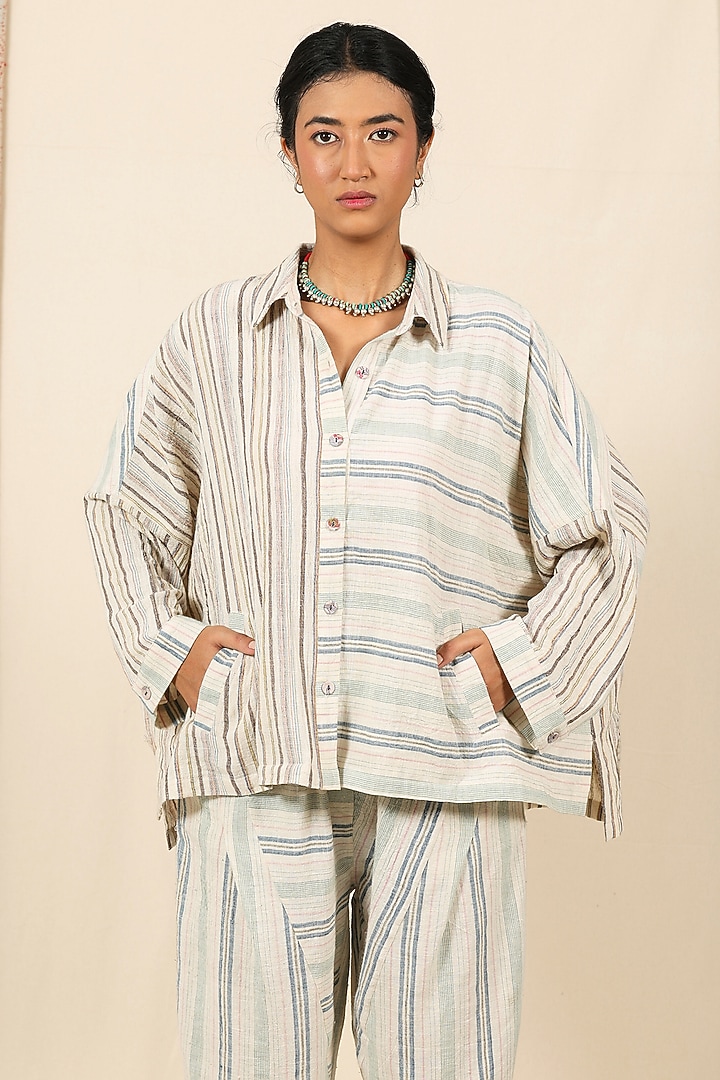 Multi-Coloured Handloom Kala Cotton Striped Shirt by Meld Studio at Pernia's Pop Up Shop