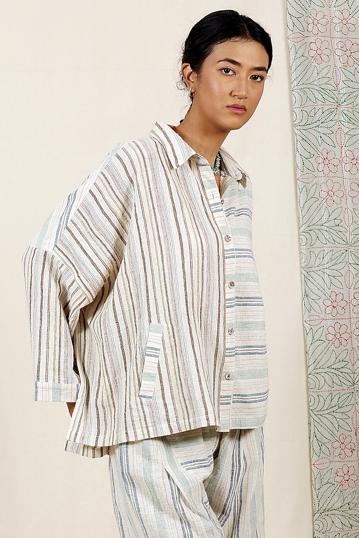 Multi-Coloured Handloom Kala Cotton Striped Shirt by Meld Studio at Pernia's Pop Up Shop