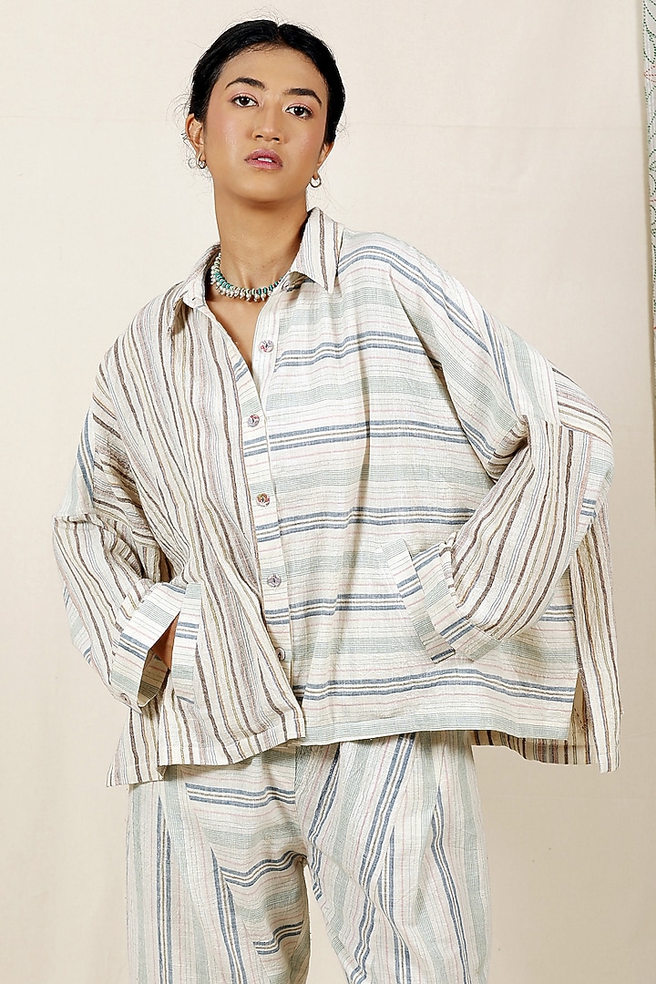 Multi-Coloured Handloom Kala Cotton Striped Shirt by Meld Studio at Pernia's Pop Up Shop