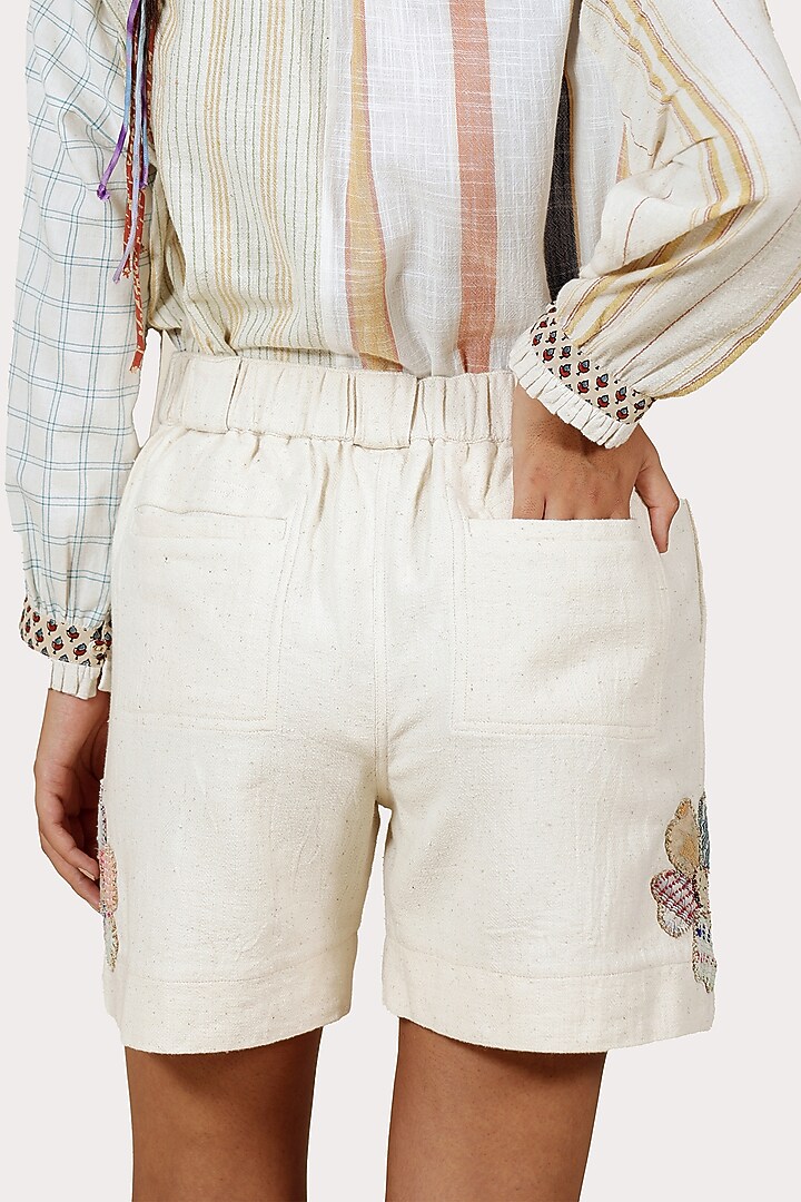 Cream Kala Cotton Floral Applique Shorts by Meld Studio at Pernia's Pop Up Shop