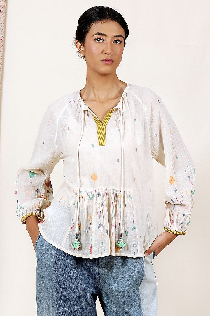 Multi-Coloured Handwoven Jamdani Top by Meld Studio at Pernia's Pop Up Shop