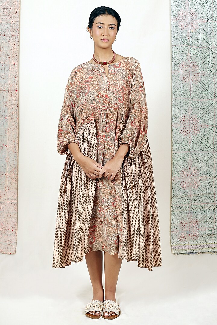 Multi-Coloured Upcycled Vintage Crepe Silk Midi Summer Dress by Meld Studio at Pernia's Pop Up Shop