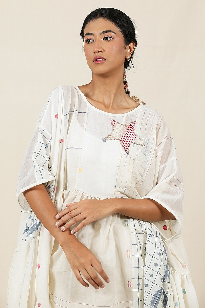 Multi-Coloured Handwoven Jamdani Kantha Patch Kaftan-Style Top by Meld Studio at Pernia's Pop Up Shop