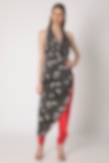 Grey Printed Cowl Top With Red Dhoti Pants by Masaba