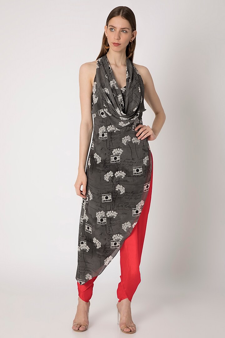 Grey Printed Cowl Top With Red Dhoti Pants by Masaba