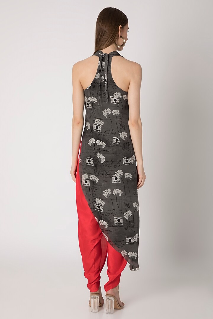 Grey Printed Cowl Top With Red Dhoti Pants by Masaba at Pernia's Pop Up Shop