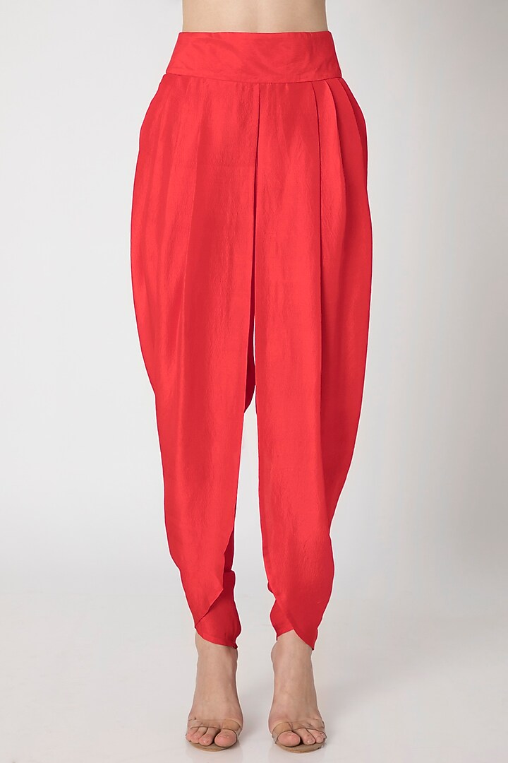 Grey Printed Cowl Top With Red Dhoti Pants by Masaba at Pernia's Pop Up Shop