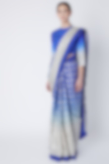 Egyptian Blue Foil Printed & Embroidered Saree Set by Masaba