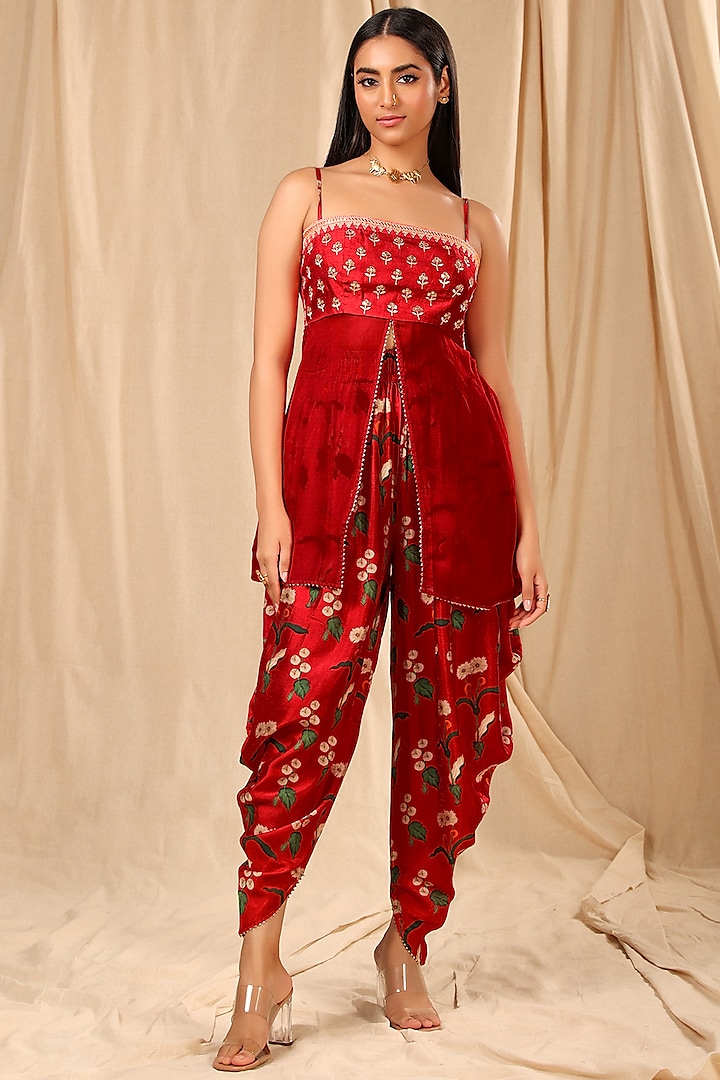 Red Printed Cowl Dhoti Set by Masaba