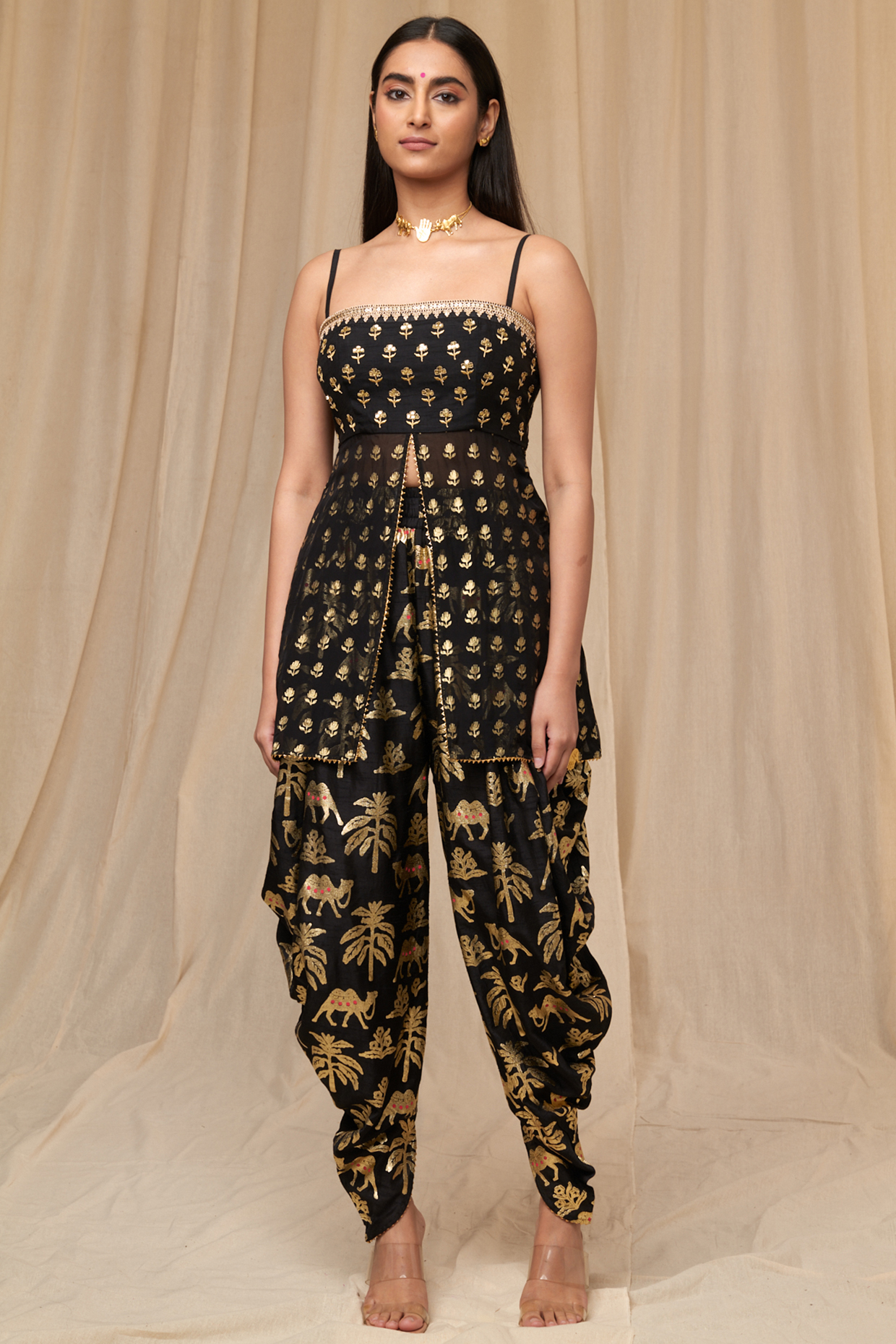 Black Foil Printed Dhoti Set by Masaba at Pernia's Pop Up Shop