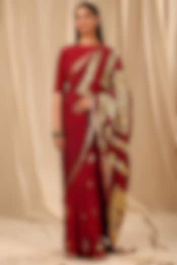 Maroon Crepe Gota Embellished Saree Set by Masaba