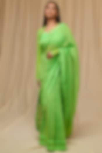 Parrot Green Chanderi Mul Saree Set by Masaba