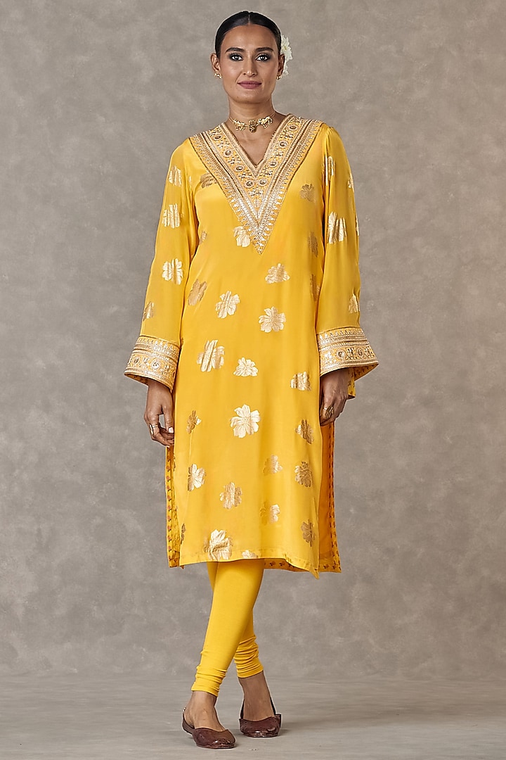 Yellow Crepe Silk Embroidered & Parijat Printed Kurta  by Masaba