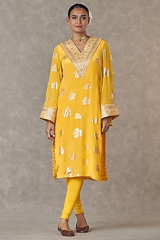 Yellow Crepe Silk Embroidered & Parijat Printed Kurta  by Masaba