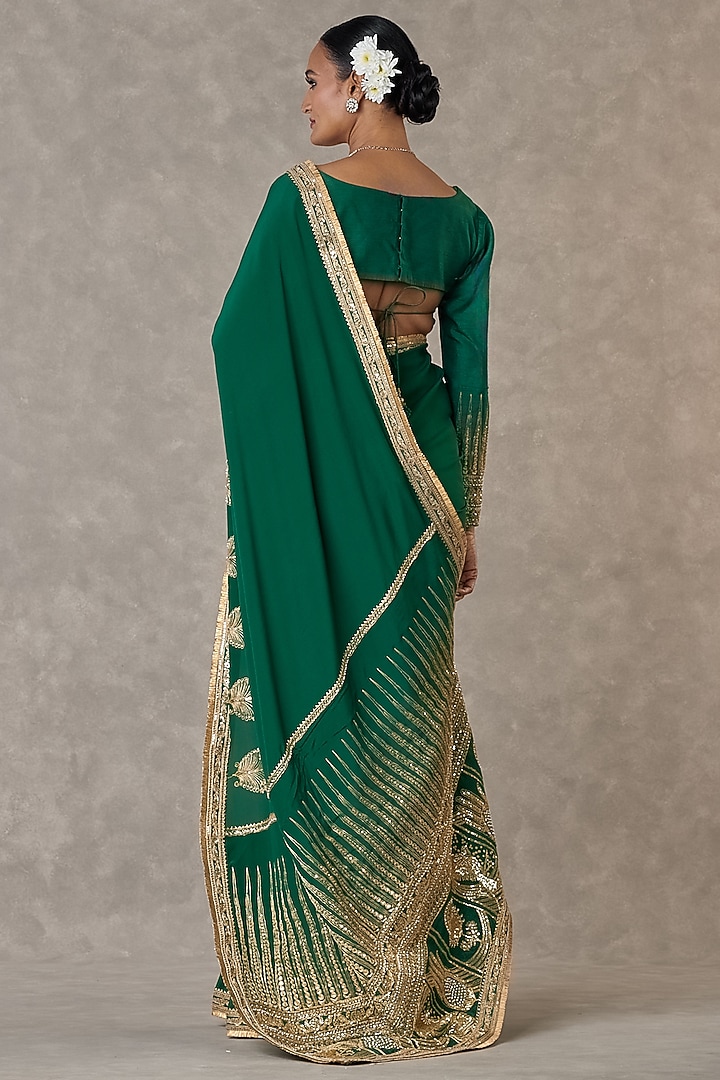 Dark Green Crepe Silk Son Patti Motif Embroidered Reception Saree Set by Masaba at Pernia's Pop Up Shop
