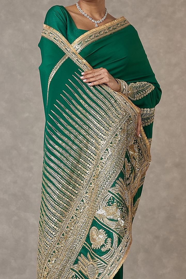 Dark Green Crepe Silk Son Patti Motif Embroidered Reception Saree Set by Masaba at Pernia's Pop Up Shop