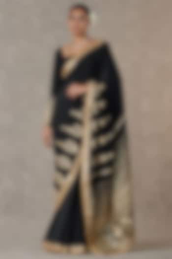 Black Crepe Silk Son Patti Motif Embroidered Saree Set by Masaba