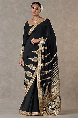 Black Crepe Silk Son Patti Motif Embroidered Saree Set by Masaba