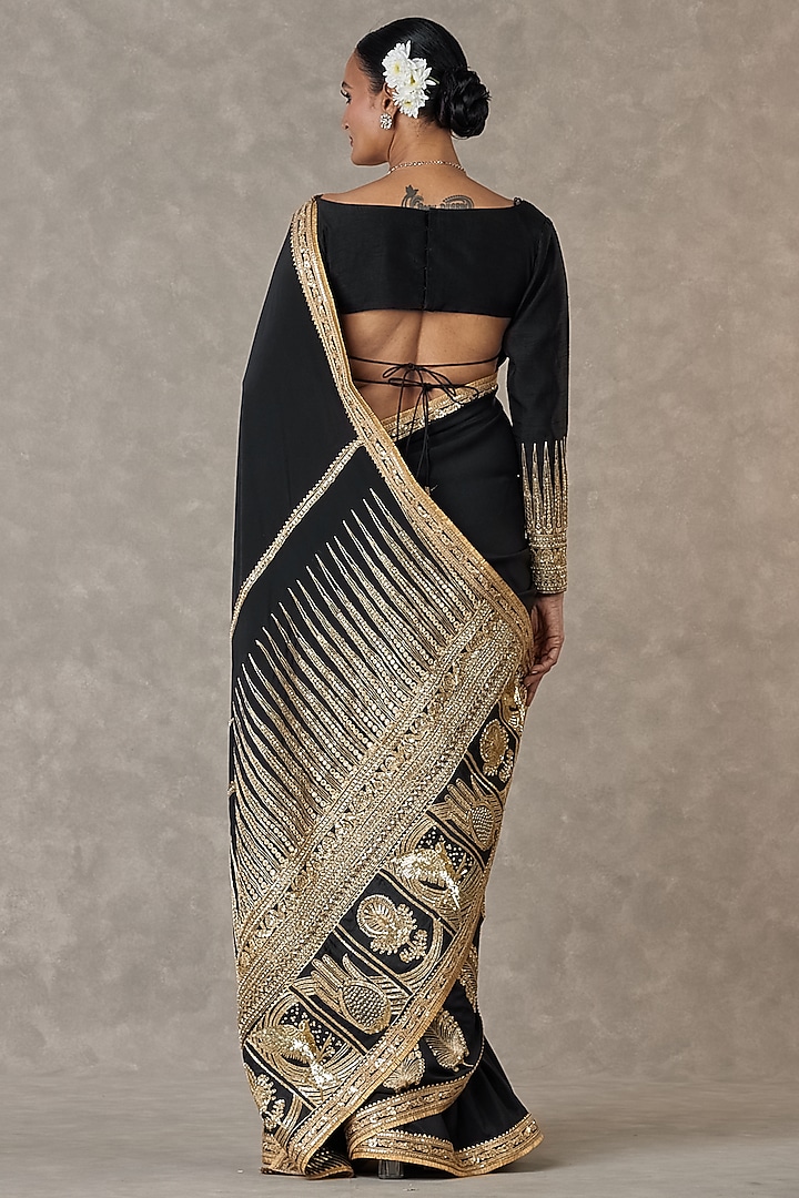 Black Crepe Silk Son Patti Motif Embroidered Reception Saree Set by Masaba at Pernia's Pop Up Shop