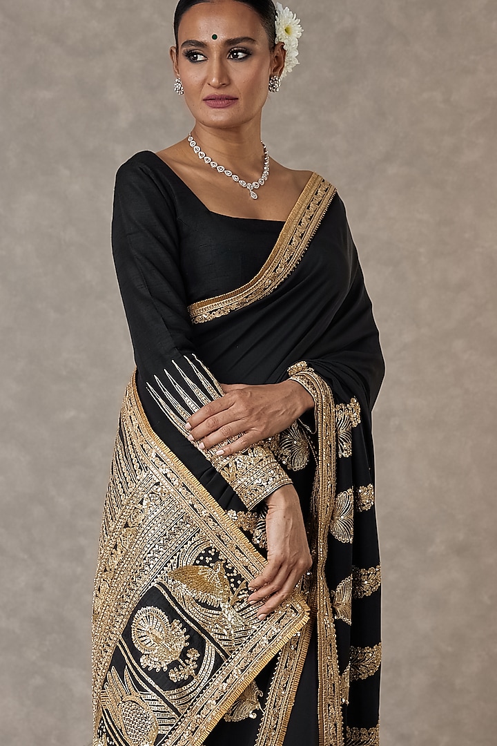 Black Crepe Silk Son Patti Motif Embroidered Reception Saree Set by Masaba at Pernia's Pop Up Shop