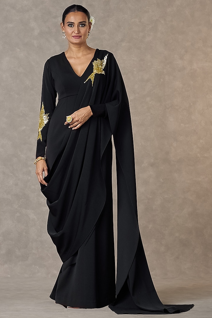 Black Heavy Crepe Son Chidiya Motif Embroidered Wedding Gown Saree by Masaba at Pernia's Pop Up Shop
