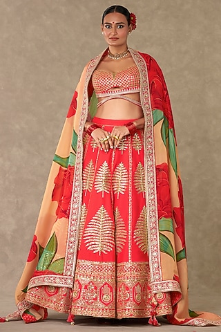 Red Raw Silk Lehenga Set by Masaba