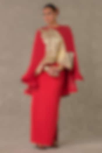 Red Scuba Wedding Gown With Cape by Masaba at Pernia's Pop Up Shop