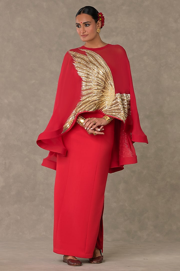 Red Scuba Wedding Gown With Cape by Masaba at Pernia's Pop Up Shop