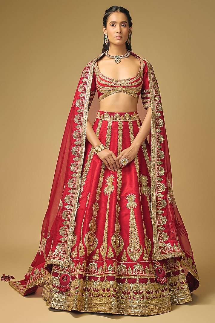 Red Raw Silk Sitara Embroidered Bridal Lehenga Set by Masaba at Pernia's Pop Up Shop