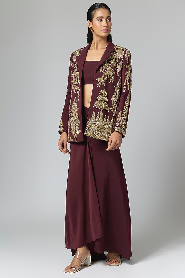 Burgundy Crepe Blazer Set by Masaba at Pernia's Pop Up Shop