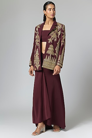 Burgundy Crepe Blazer Set by Masaba