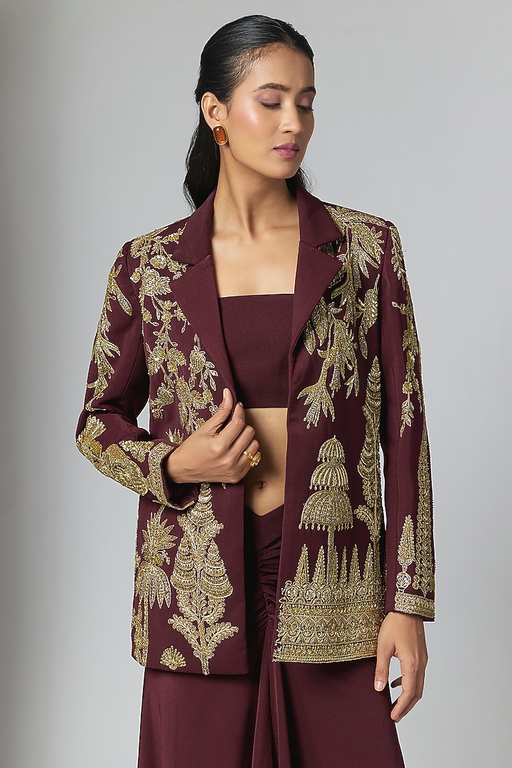 Burgundy Crepe Blazer Set by Masaba at Pernia's Pop Up Shop