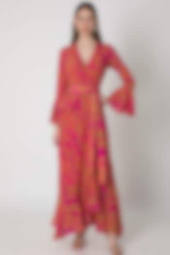 Pink Digital Printed Wrap Dress With Bag by Masaba