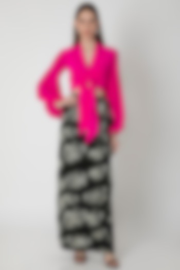 Pink Top With Black Digital Printed Skirt & Bag by Masaba