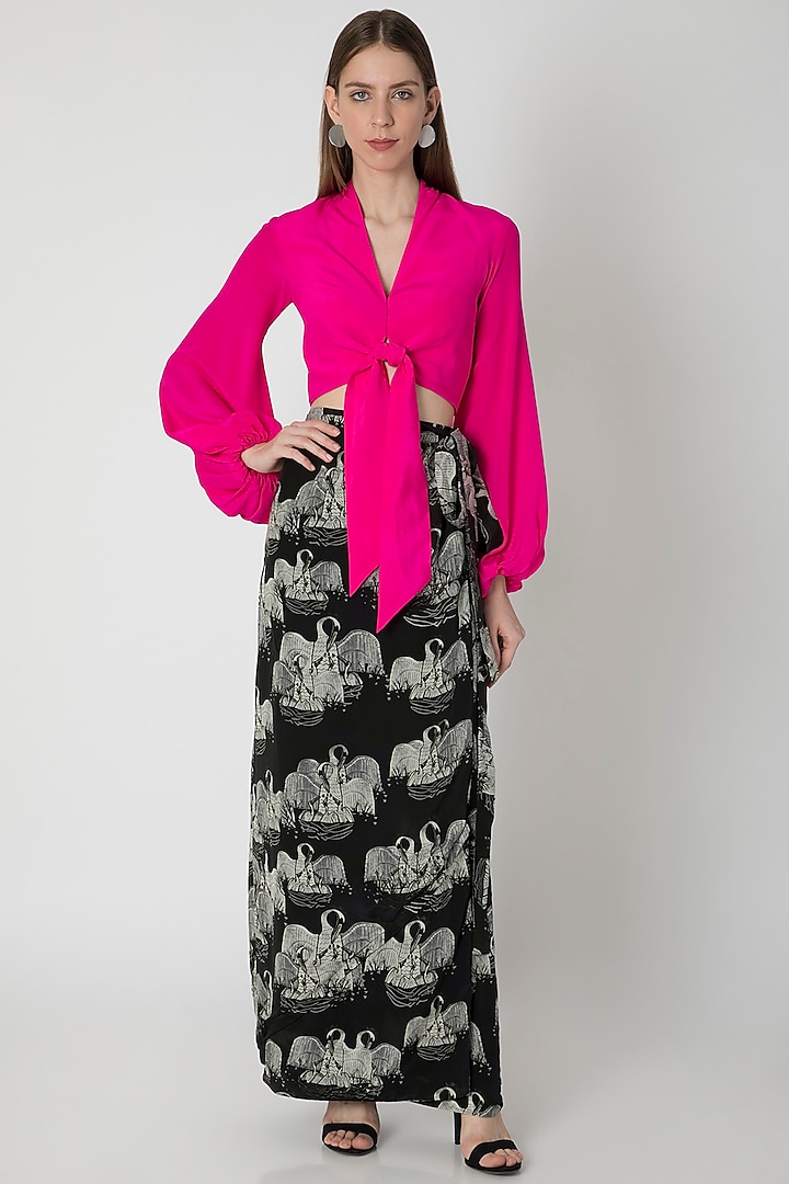 Pink Top With Black Digital Printed Skirt & Bag by Masaba